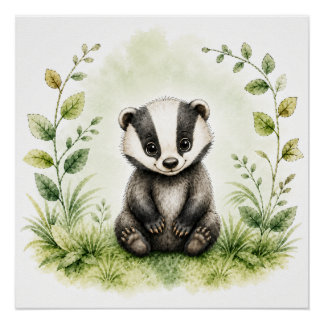 Poster Mignon Blaireau Botanique Aquarelle Faune