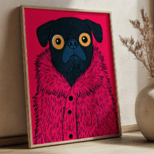 Poster Mignon Bouledogue Noir en Fourrure Rose, Art de Mo