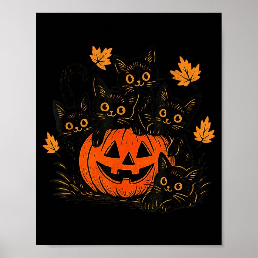 Poster Mignon Chat Noir Citrouille Jack O Lantern Kitty D (Devant)