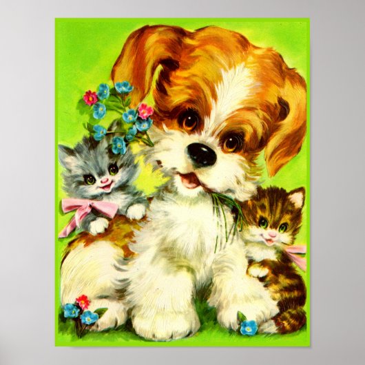 Poster mignon chiot et chatons souriants (Devant)