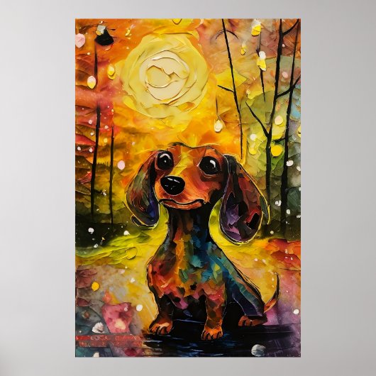 Poster Mignon chiot teckel fantaisiste dans la forêt (Devant)
