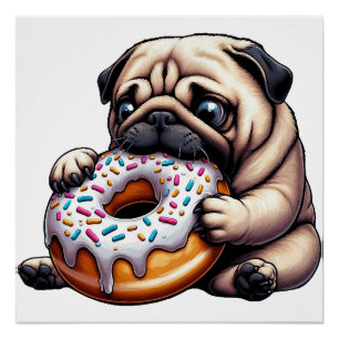 Poster Mignon donut pug cartoon drôle qui mâche