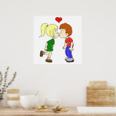 Poster Mignon garçon fille baiser enfants dessin animé (Cuisine)
