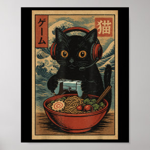 Poster Mignon Kawaii Chat de Joueur Drôle Ramen Rétro Jap