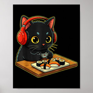 Poster Mignon Kawaii Chat Noir Funny Sushi Rétro Japonais