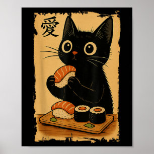 Poster Mignon Kawaii Chat Noir Mangeant Sushi Drôle Japon
