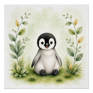 Poster Mignon manchot botanique aquarelle faune