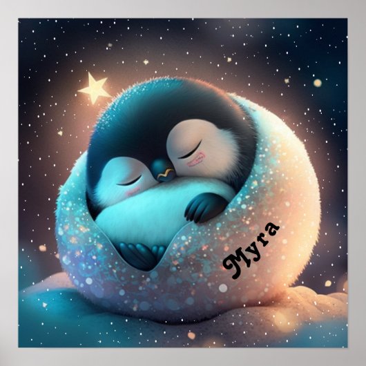 Poster Mignon Manchot dormant Étoiles Lune Art Crèche (Devant)