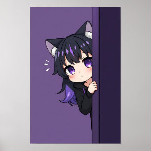 Poster Mignon Neko Chibi qui Épie – Fille Chatte Violette