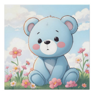 Poster Mignon petit ours en peluche bleu dans le jardin