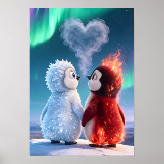 Poster Mignon pingouin de feu et de glace aurores boréale