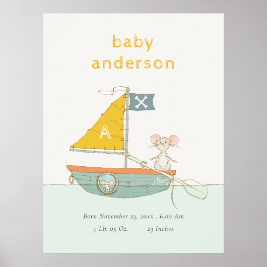 Poster Mignon Souris Pirate Voilier Enfants Monogramme St (Devant)