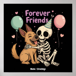 Poster Mignon squelette effrayant étreignant un chien ber