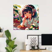 Poster Mignonne Anime Girl Mange des fraises | Jour d'été (Bureau à domicile)