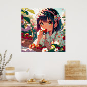 Poster Mignonne Anime Girl Mange des fraises | Jour d'été (Cuisine)