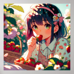 Poster Mignonne Anime Girl Mange des fraises   Jour d'été