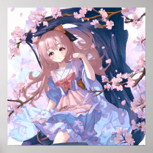 Poster Mignonne Anime Girl Sous Un Arbre En Fleur De Ceri