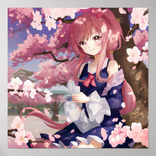 Poster Mignonne Anime Girl Sous Un Arbre En Fleur De Ceri