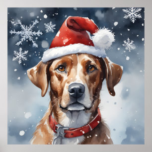 Poster Mignonne chien de Noël à Santa Hat et neige