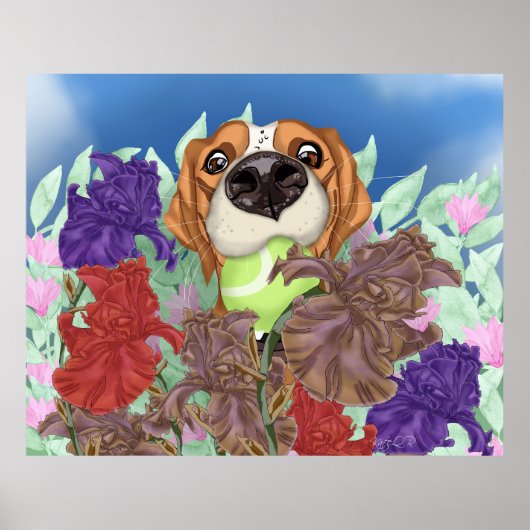 Poster Mignonne chien sur un terrain fleuri. (Devant)
