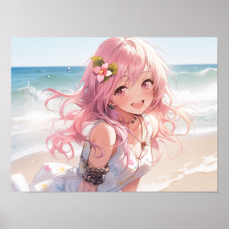 Poster mignonne fille anime aux cheveux roses sur la plag