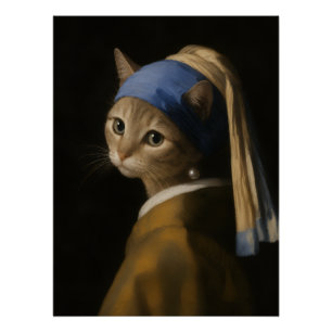 Poster Mignonne Fille au Chat avec une Perle Art