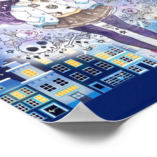 Poster Mignonne fille chibi dans une ville étoilée (Coin)