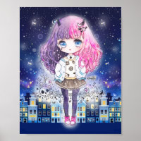 Mignonne fille chibi dans une ville étoilée