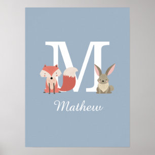 Poster Mignonne Fox Et Lapin Forêt Animaux Monogramme Blu