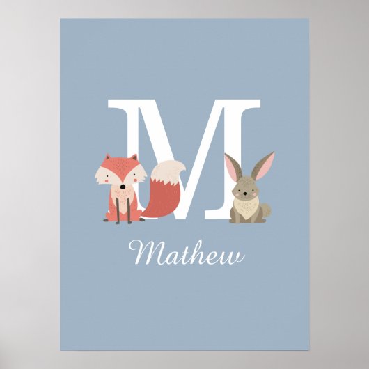 Poster Mignonne Fox Et Lapin Forêt Animaux Monogramme Blu (Devant)
