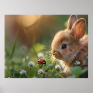 Poster Mignonne lapin lapin et une coccinelle sur le cham