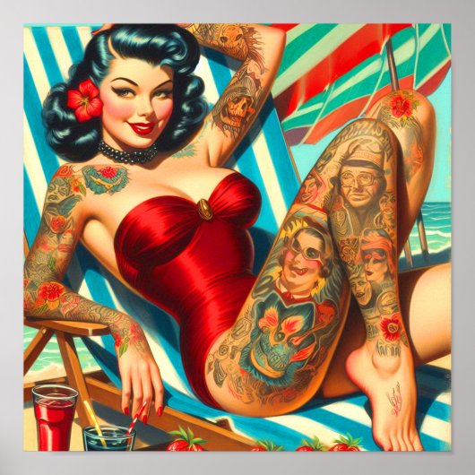Poster Mignonne maillot de bain tatoué Pin-up (Devant)