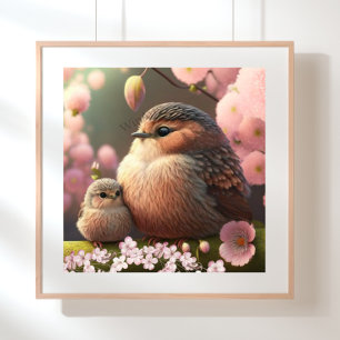 Poster Mignonne maman et bébé oiseau sur un arbre Fleurs 