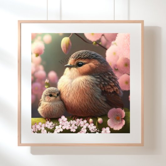 Poster Mignonne maman et bébé oiseau sur un arbre Fleurs