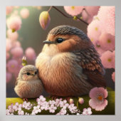 Poster Mignonne maman et bébé oiseau sur un arbre Fleurs (Devant)