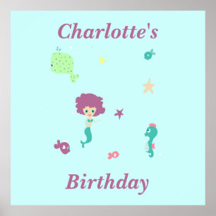 Poster Mignonne mer vie mermaid poissons nom sur bleu