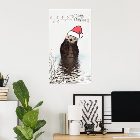 Poster Mignonne Otter portant un chapeau de Père Noël (Bureau à domicile)