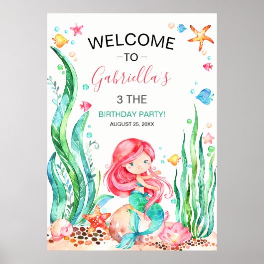 Poster Mignonne sirène d'aquarelle sous la mer Anniversai (Devant)