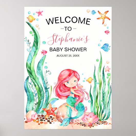 Poster Mignonne sirène d'aquarelle sous le Baby shower ma (Devant)