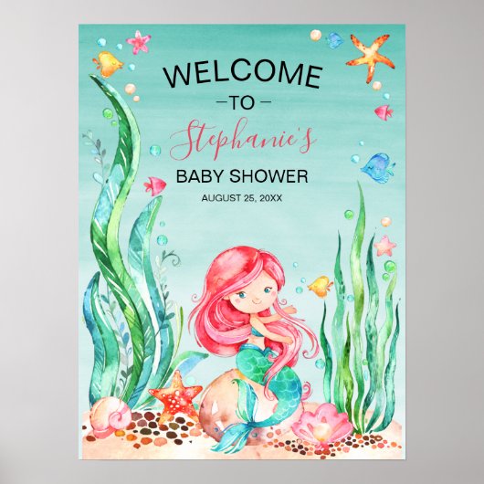 Poster Mignonne sirène d'aquarelle sous le Baby shower ma (Devant)