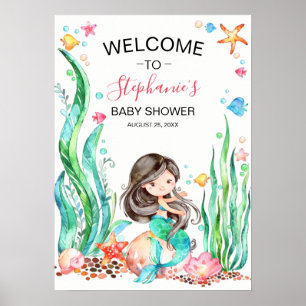 Poster Mignonne sirène d'aquarelle sous le Baby shower ma