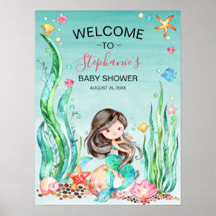 Poster Mignonne sirène d'aquarelle sous le Baby shower ma