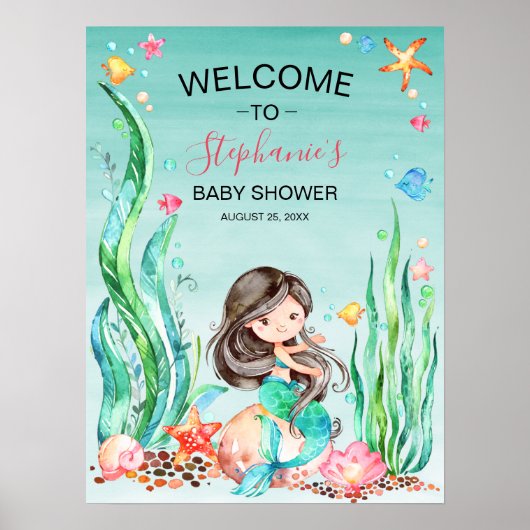 Poster Mignonne sirène d'aquarelle sous le Baby shower ma (Devant)