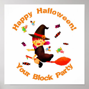 Poster Mignonne sorcière vole sur son Broom Halloween