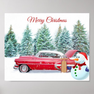 Poster Mignonne, Vintage, Voiture rouge, Snowman, Noël