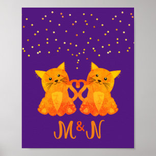 Poster Mignonne violet orange Kitten Couple Deux Monogram