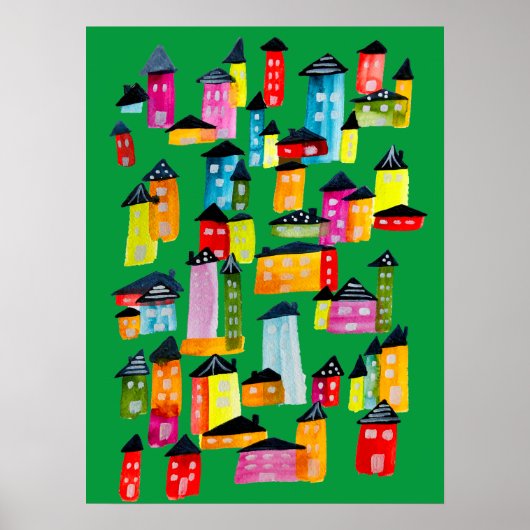 Poster Mignonnes maisons d'aquarelle blanc (Devant)