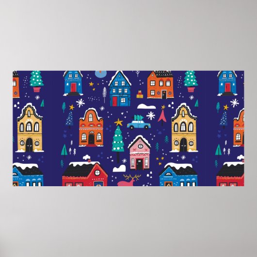 Poster Mignonnes maisons de Noël plats illustrations vint (Devant)