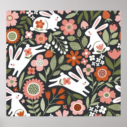 Poster Mignons lapins blancs, motif vintage fleuri. (Devant)