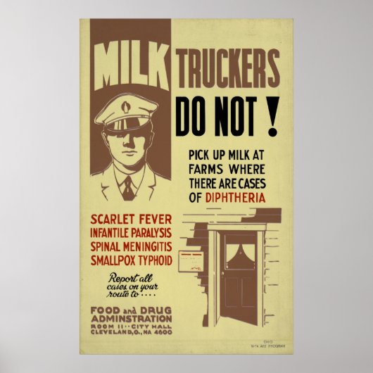 Poster Milk Trucker FDA Warning 1940 WPA Santé Vintage (Devant)